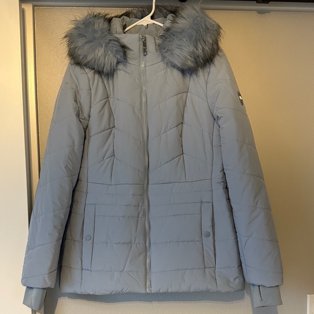 Women's London Fog Light Blue Faux Fur-Trimmed Jacket